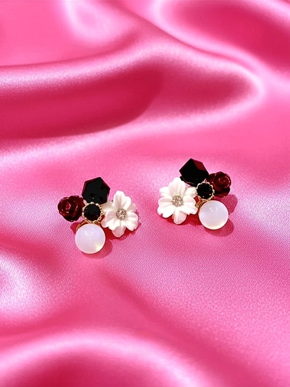 Floral Cluster Stud Earrings in White, Black & Burgundy